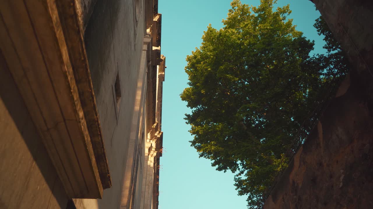 Lisbon Alfama ancient church convent side facade under the trees at sunrise 4K