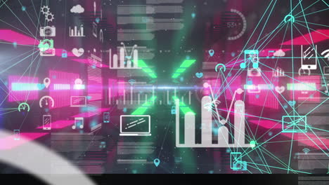 animación de la interfaz infográfica digital con wi-fi, iconos de aplicaciones informáticas y líneas móviles