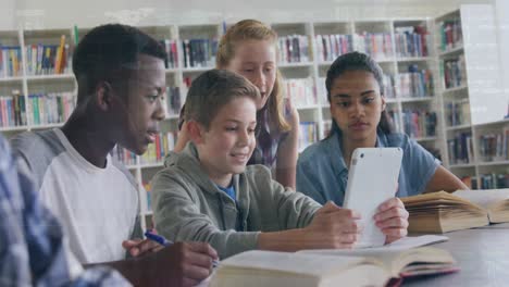 animation of multiracial students studying with digital tablet in library over pie chart and codes