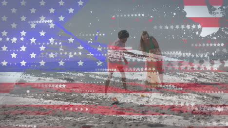 animation of flag of usa over happy diverse friends recycling on beach in summer