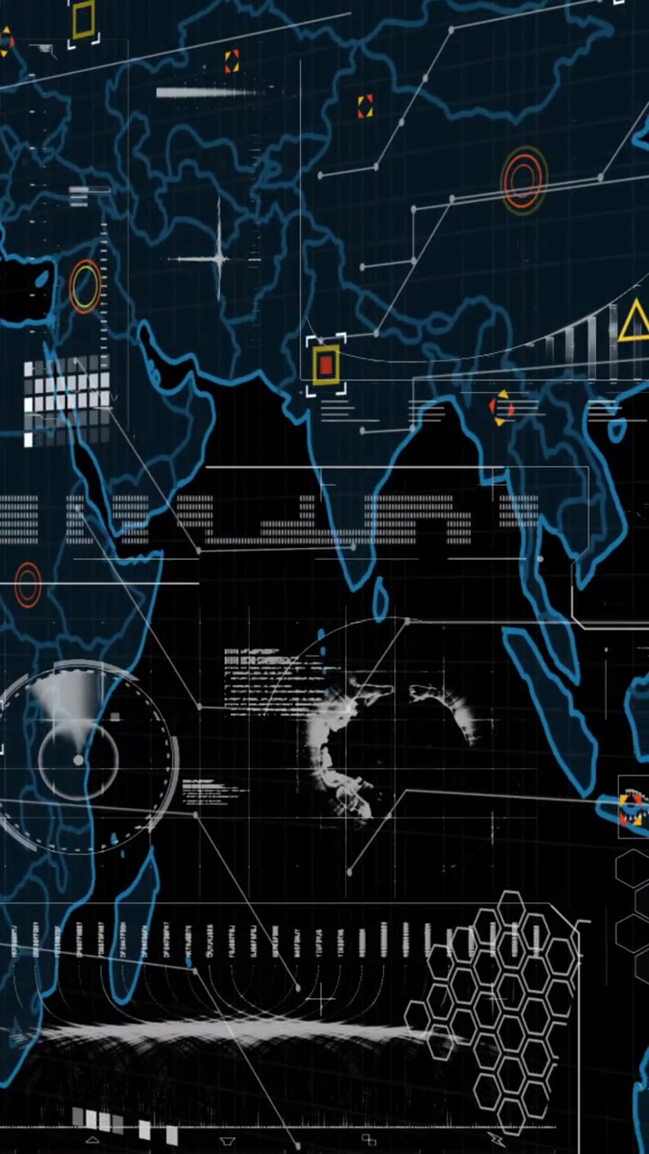 Animation of world map over interface with data processing against black background