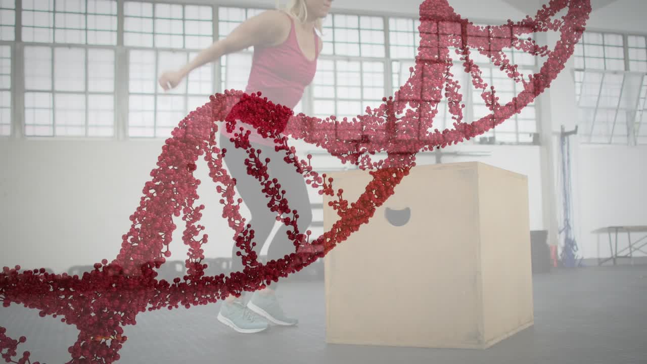 Woman shifting weight, swinging arms, initiating plyo box jumps, training while red DNA overlaying