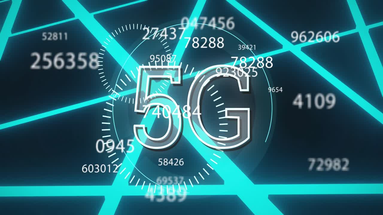 5g 텍스트와 숫자가 반 ⁇ 이는 파란색 선 배경에서 변하는 애니메이션