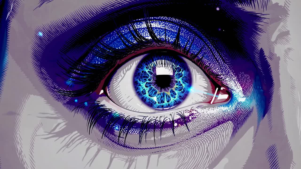 Close-up video concept of a stylized eye in a digital art style, featuring vibrant blue hues