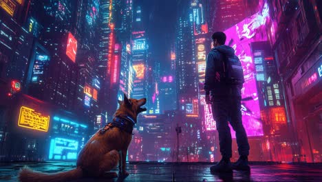 cyberpunk cityscape with dog and man