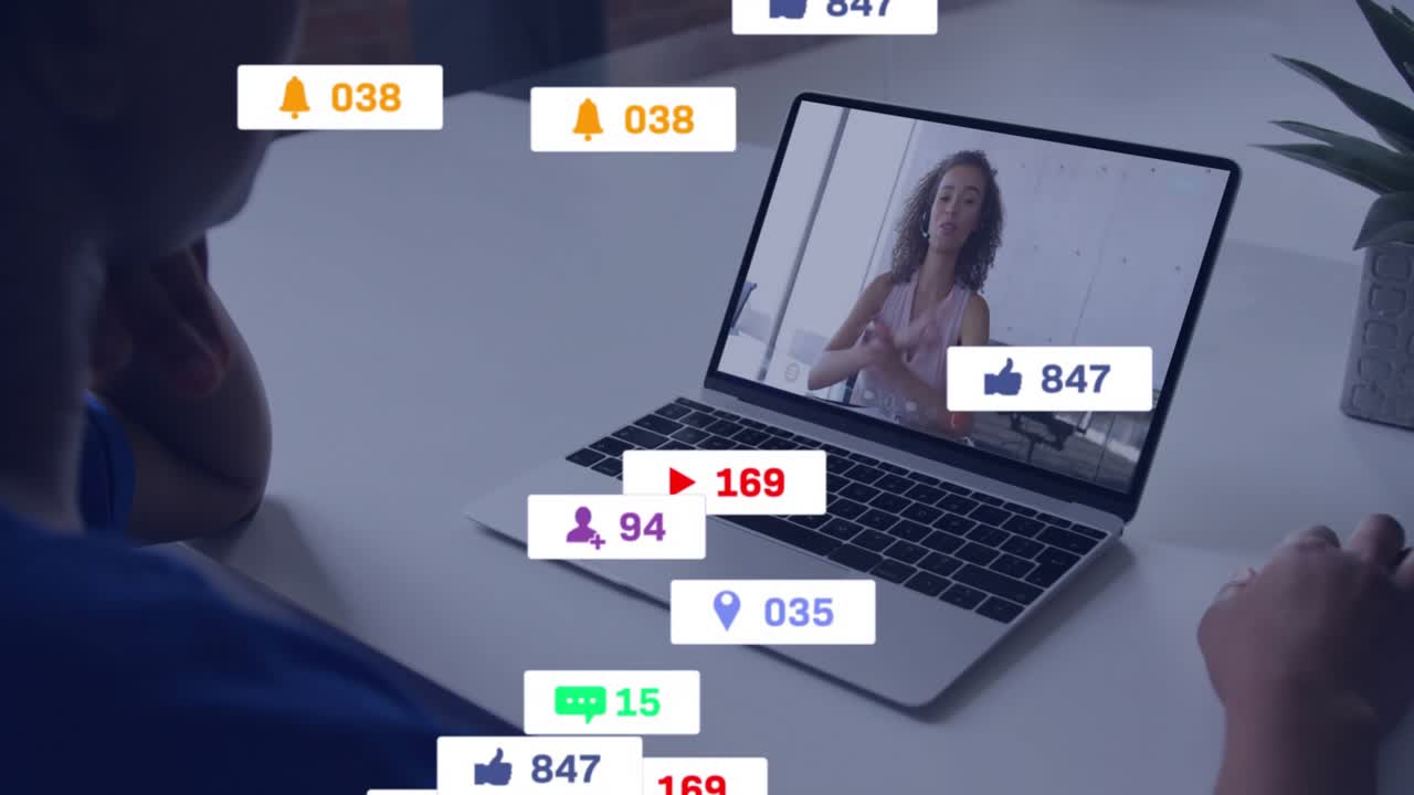 Woman joining marketing call causing animated icons updating engagement metrics on laptop