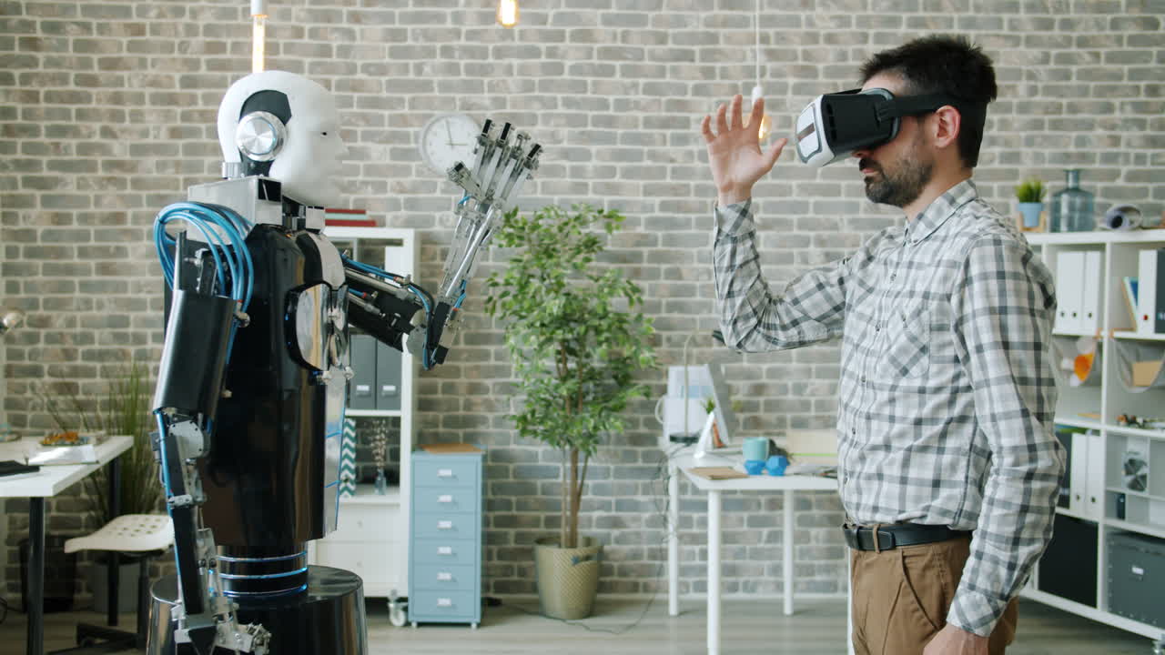 Robot and Man interacting with VR headset