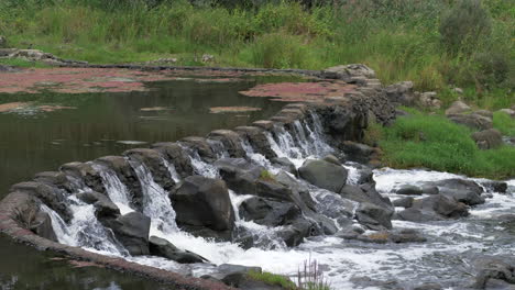 birds fly over river water flowing through stone weir, slow motion