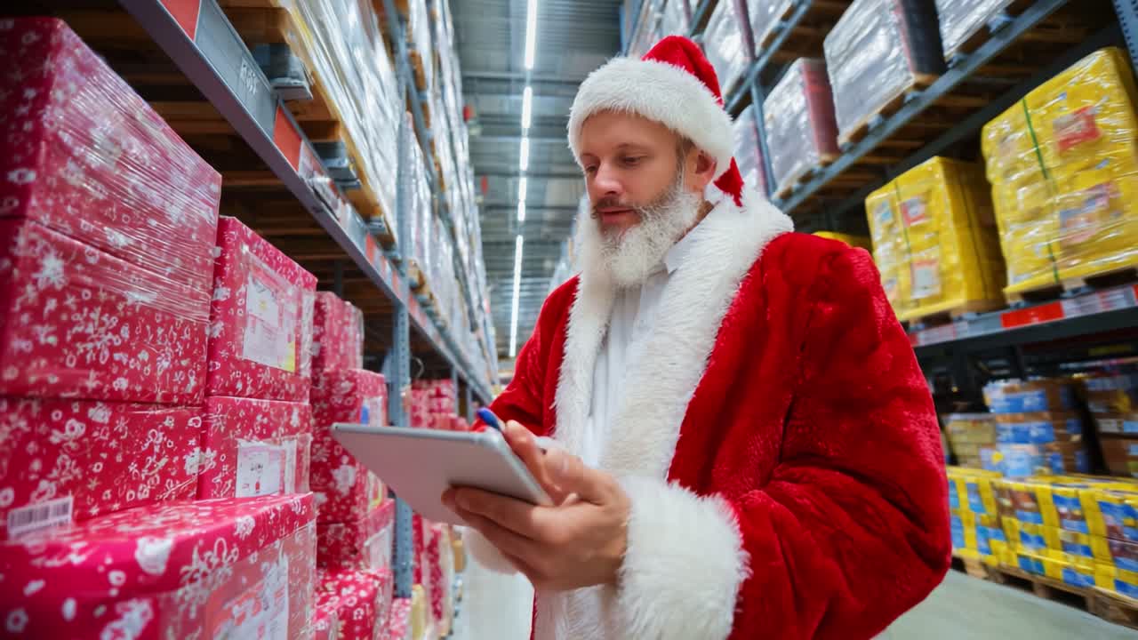 A Holiday-Themed Warehouse Scene Featuring a Man Dressed as Santa Claus Checking Inventory on a Tablet Amidst Colorful Gift Boxes, Representing Christmas Spirit and Seasonal Preparation Activities