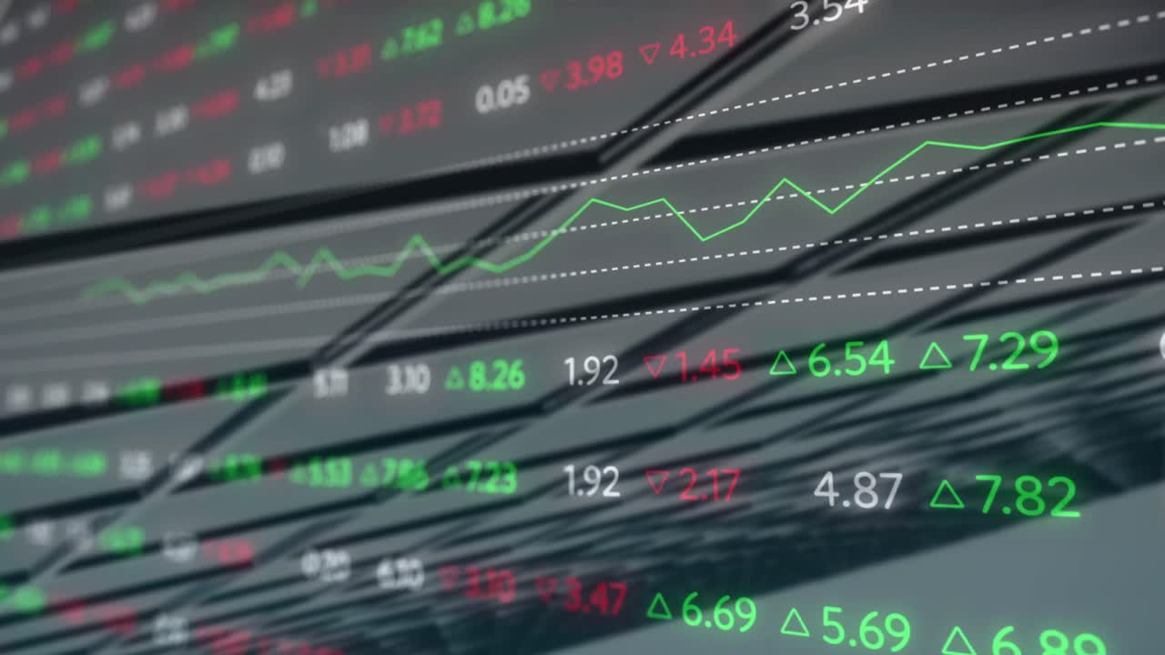 Questa è un'animazione di un tabellone di visualizzazione della borsa con grafici e numeri che cambiano