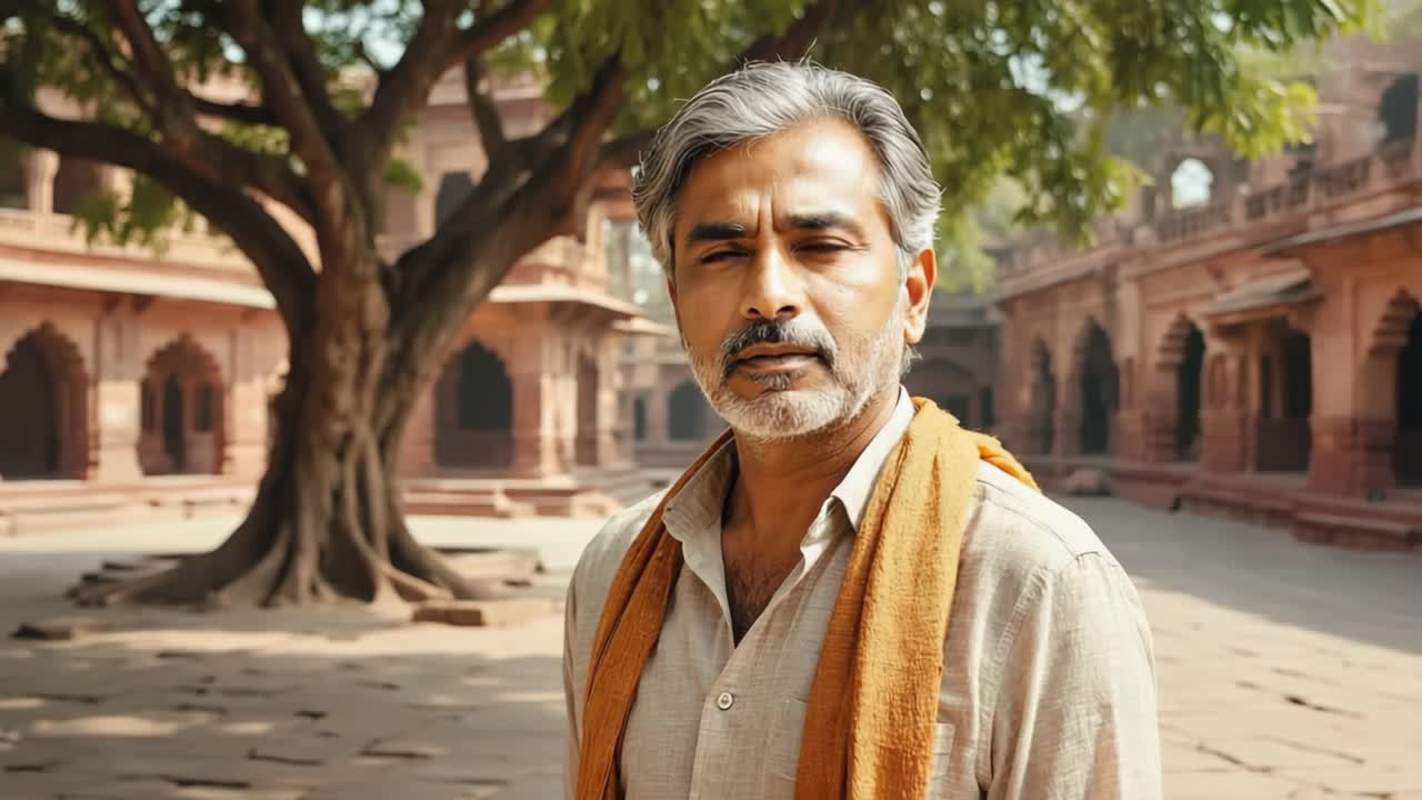 Mature Indian male with grey beard, donning traditional attire, standing confidently within historic stone arched courtyard framed by ancient architecture and lush greenery