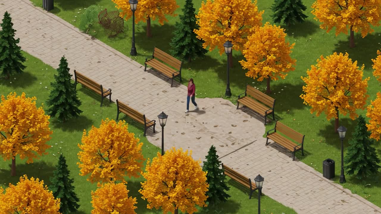 Autumn Serenity: A Peaceful Stroll Through a Vibrant Park Surrounded by Golden Leaves and Inviting Benches Under Soft Streetlights