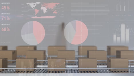 animation of statistical data processing over boxes on conveyer belt against grey background