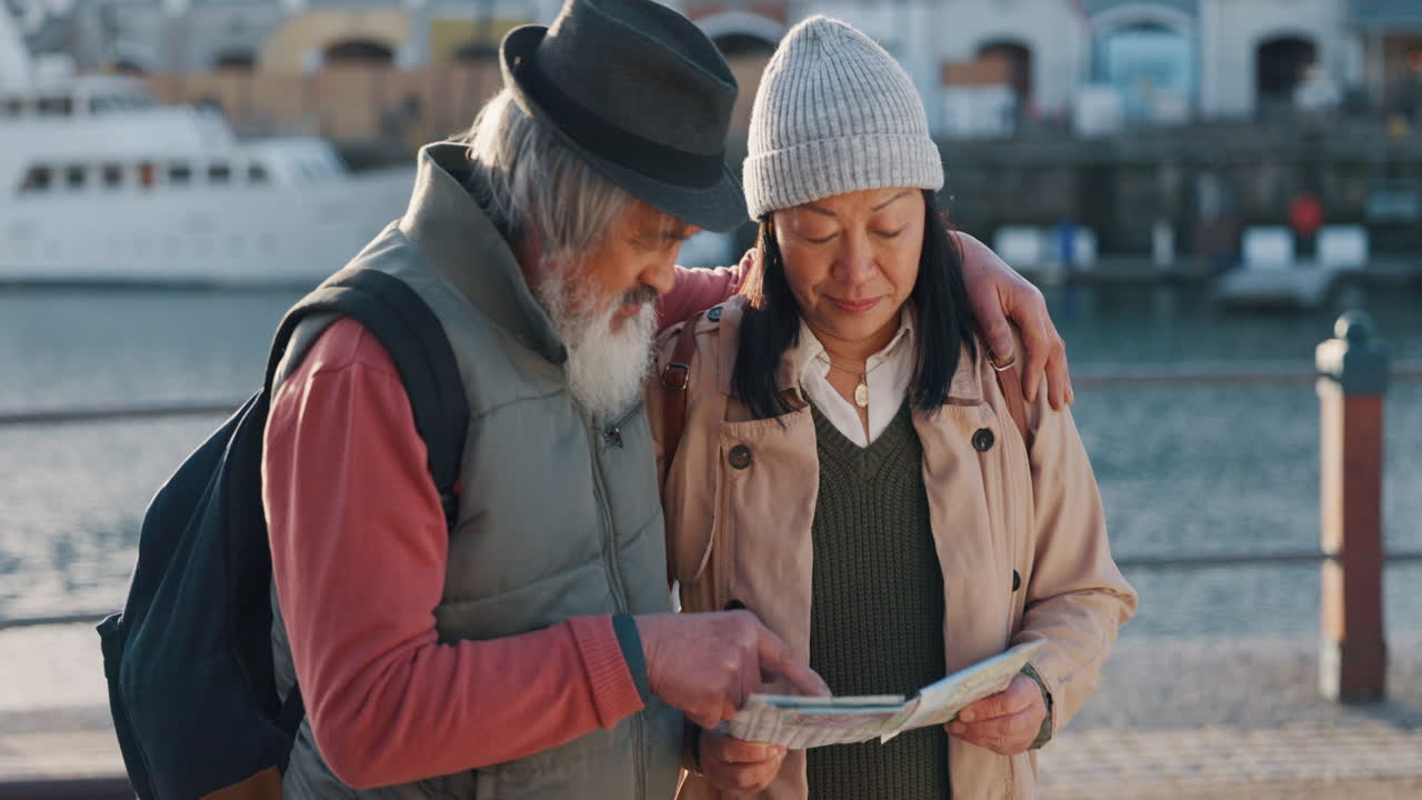 Love, travel and old couple reading a map