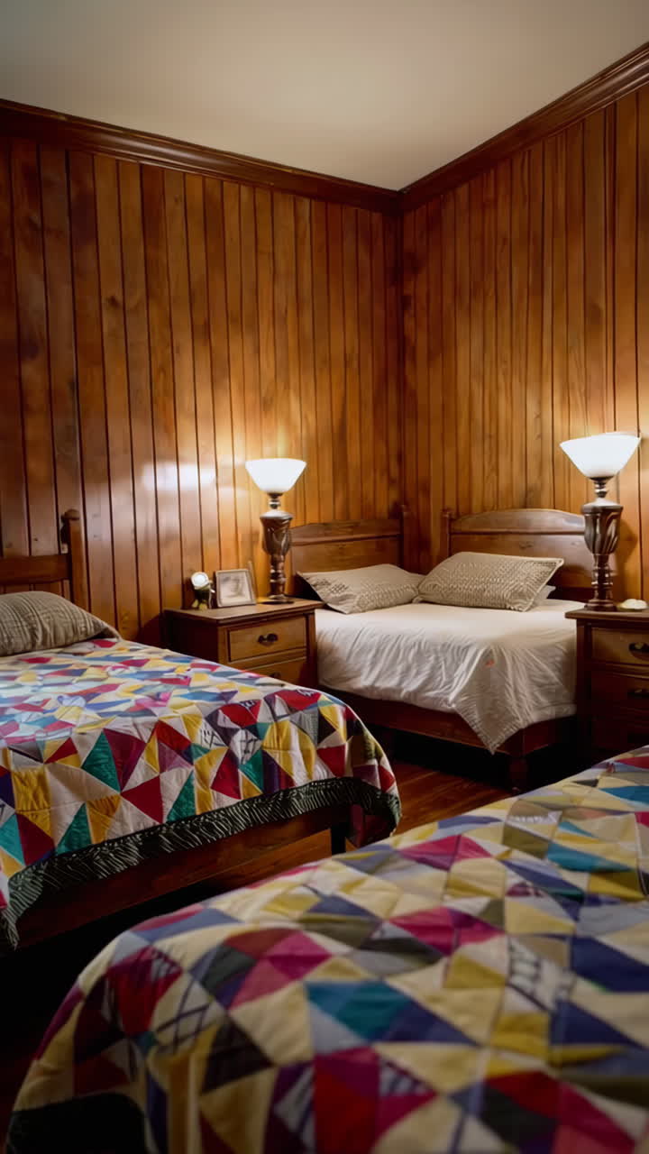 Cozy Bedroom Details with Colorful Quilt and Wooden Furniture