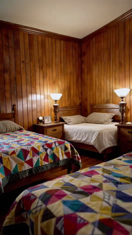 cozy bedroom details with colorful quilt and wooden furniture