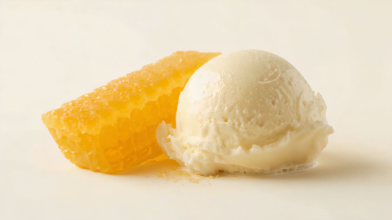 Pallina di gelato color vaniglia chiaro che si scioglie su un tavolo bianco sporco con illuminazione soffusa e croccante di torrone al miele