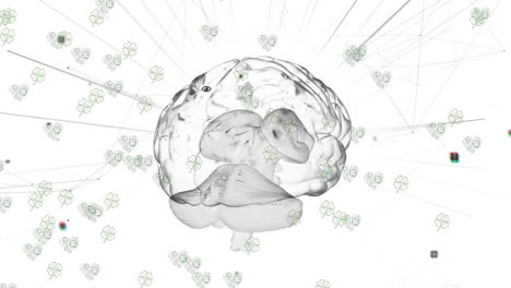 animation of rotating transparent brain and medical data processing on white background