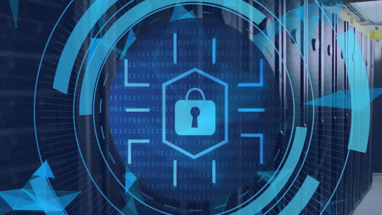animación de formas y candado digital en círculo sobre los servidores