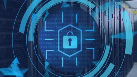 animation of shapes and digital padlock in circle over servers