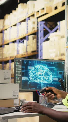 vertical video african american employee scanning barcodes for ai generated tracking software