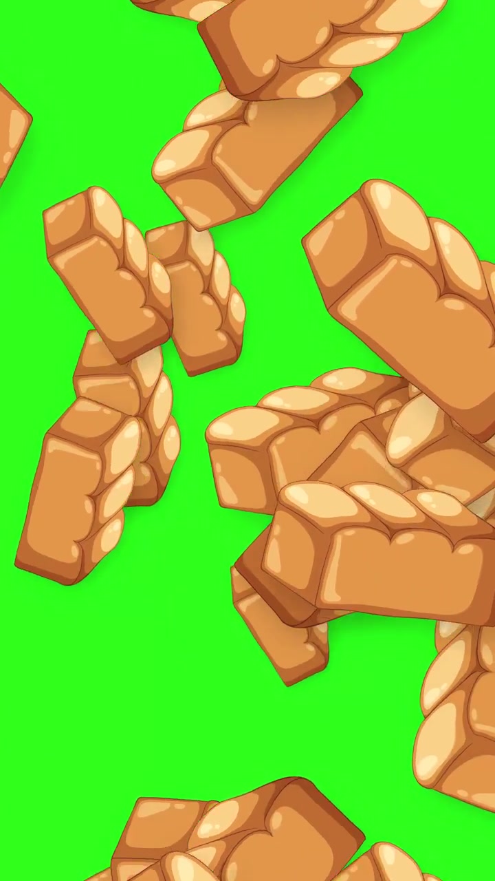 Cartoon bread loaves and braided pastries fall through a vertical frame against green screen background.