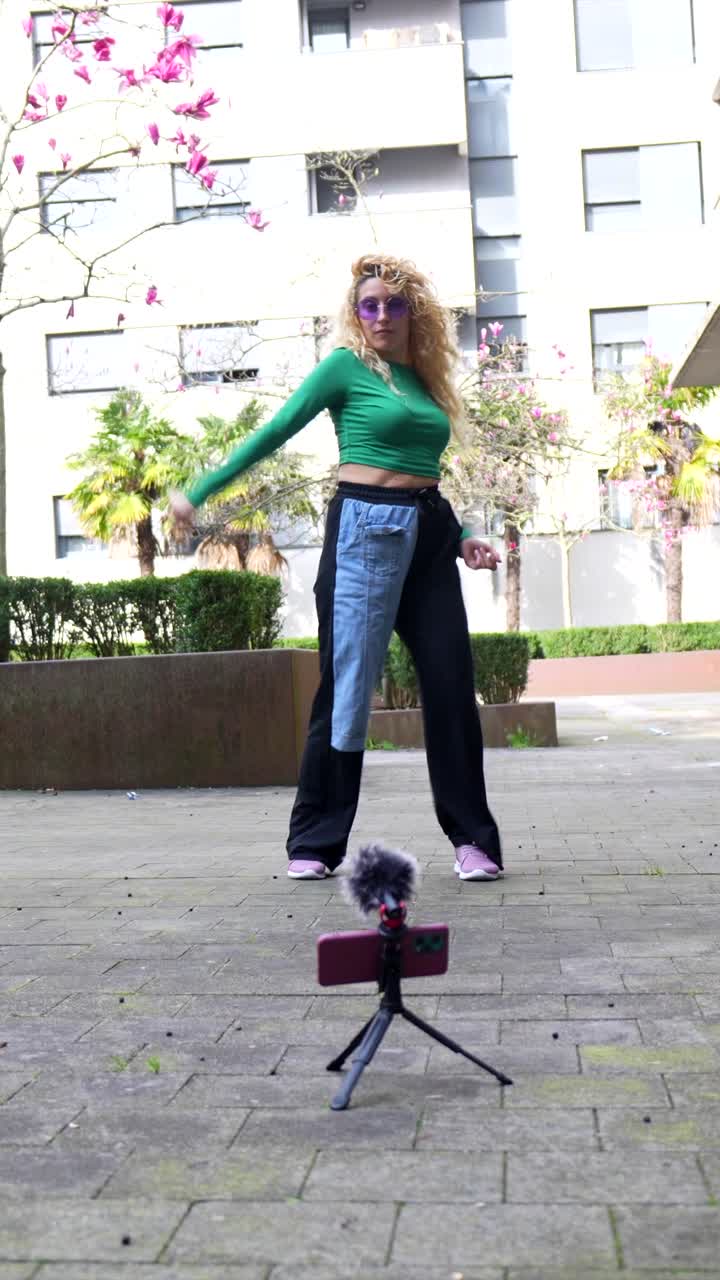 Woman Dancing Outdoors with Smartphone and Microphone
