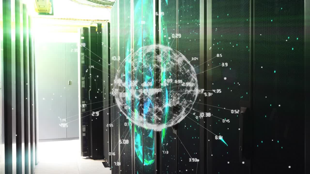 3D render holographic globe floating above server racks, streaming connection lines and data labels