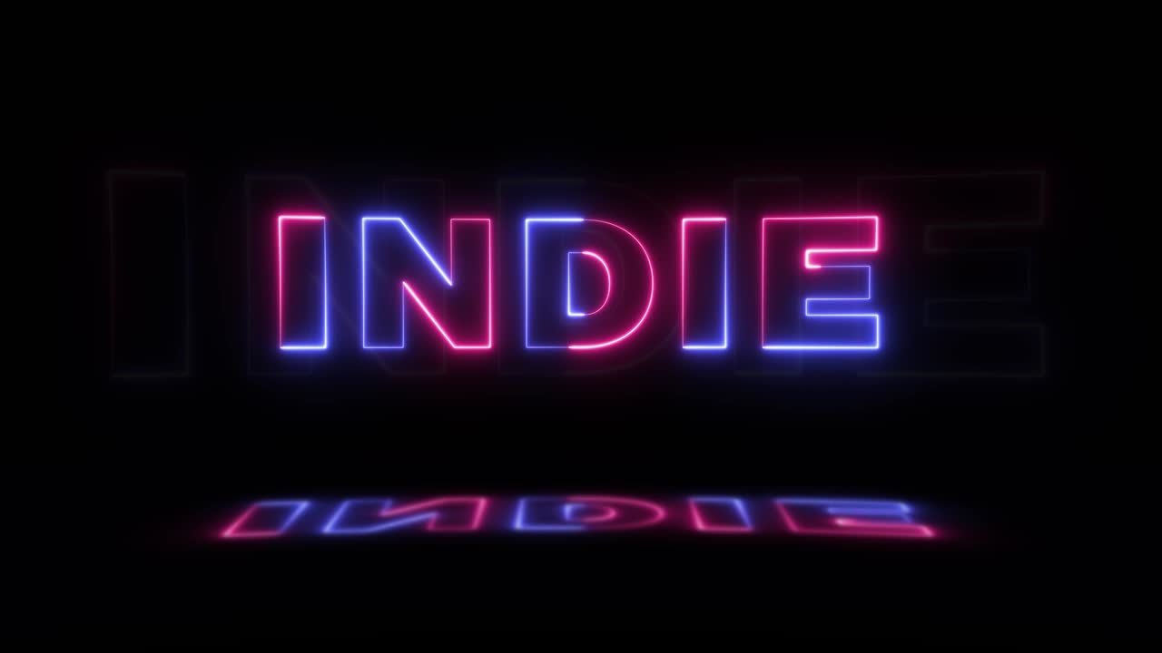 neón brillante palabra 'indie' en un fondo negro con reflejos en un piso. signos de brillo de neón en gráfico de movimiento de bucle sin costuras