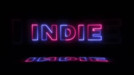 neón brillante palabra 'indie' en un fondo negro con reflejos en un piso. signos de brillo de neón en gráfico de movimiento de bucle sin costuras