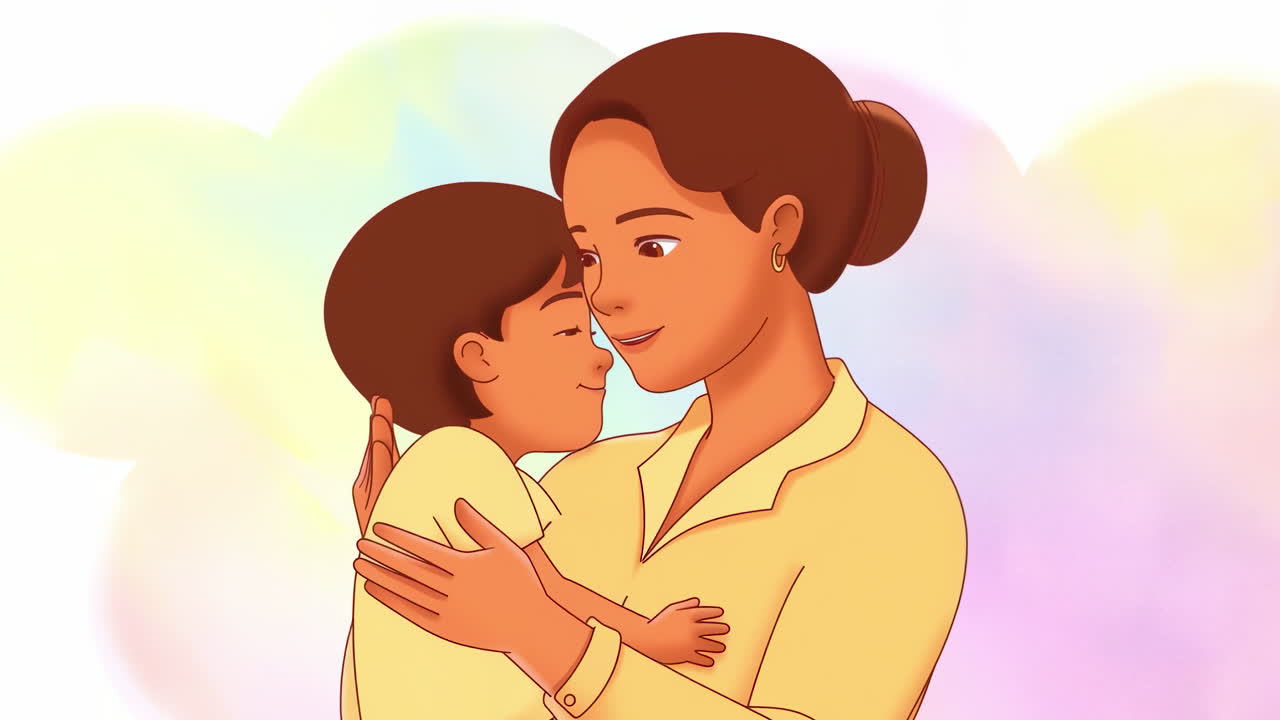 Madre e hijo animados abrazándose con cariño