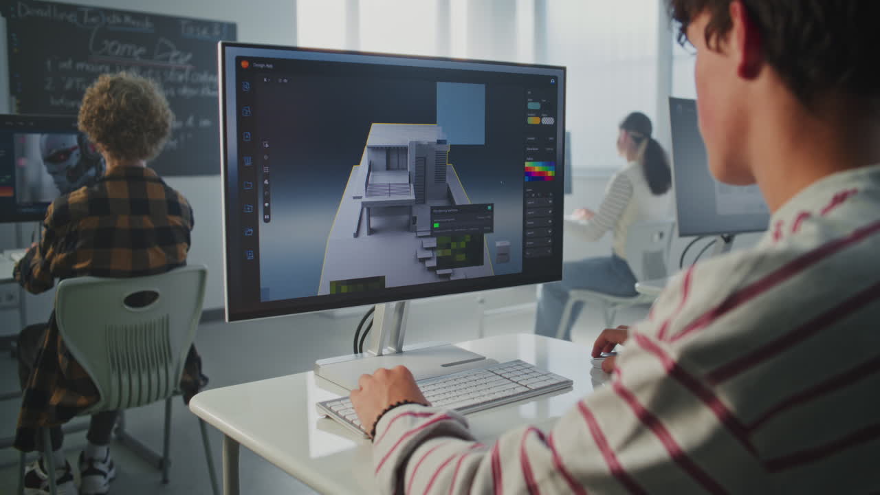 Student in Striped Sweatshirt Works on 3D House Project at Computer Screen