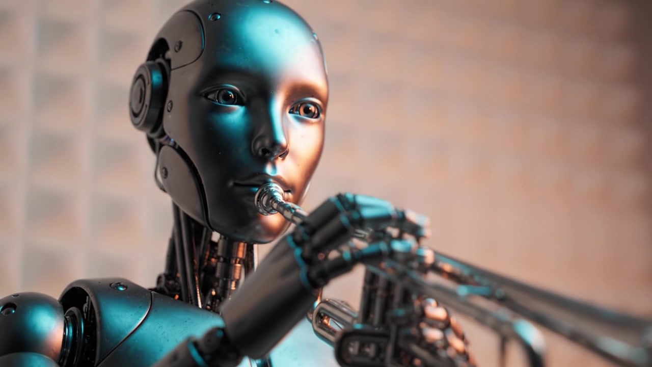 Robotik bir figür, sakin ve sanatsal bir ortamda ustaca trompet çalıyor, teknoloji ve sanatın birleşimini sergileyerek inovasyon ve yaratıcılığı vurguluyor.