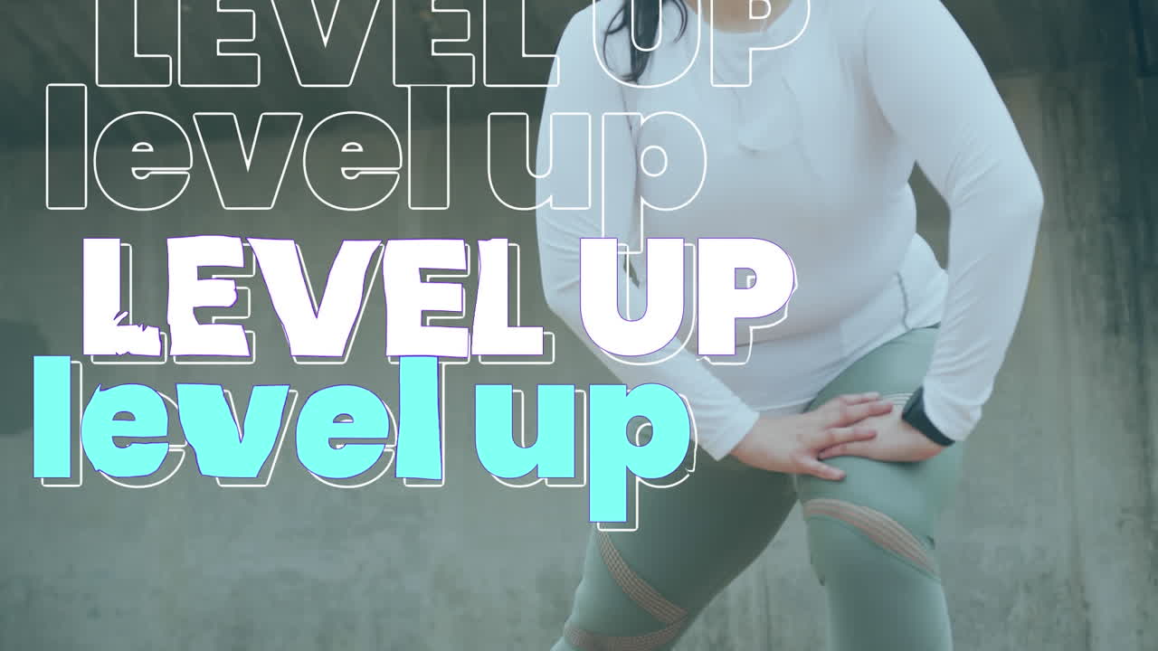 윤 ⁇ 에서 반복되는 레벨 업 텍스트의 애니메이션,  ⁇ 색과 파란색 여성 스트레칭