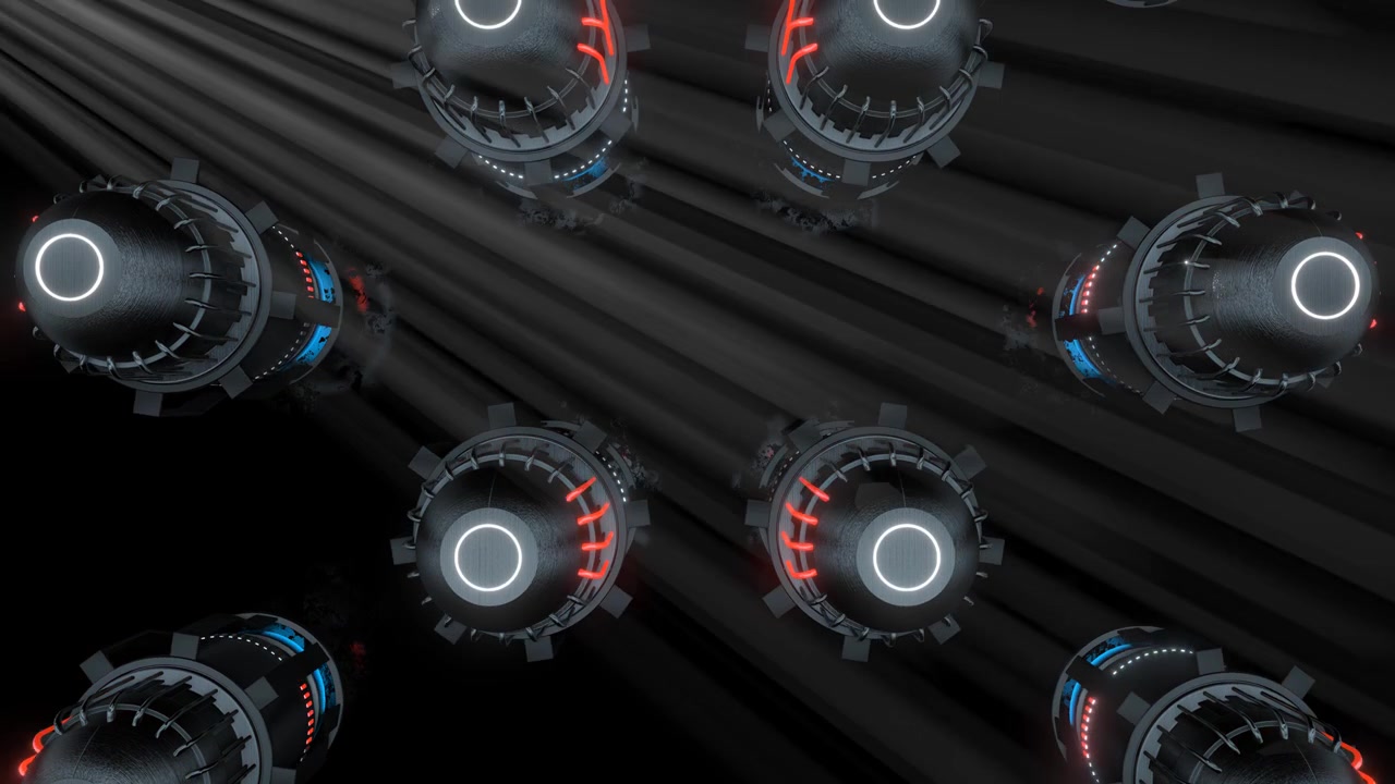 Abstract 3D Animation of Rotating Futuristic Engines in Space