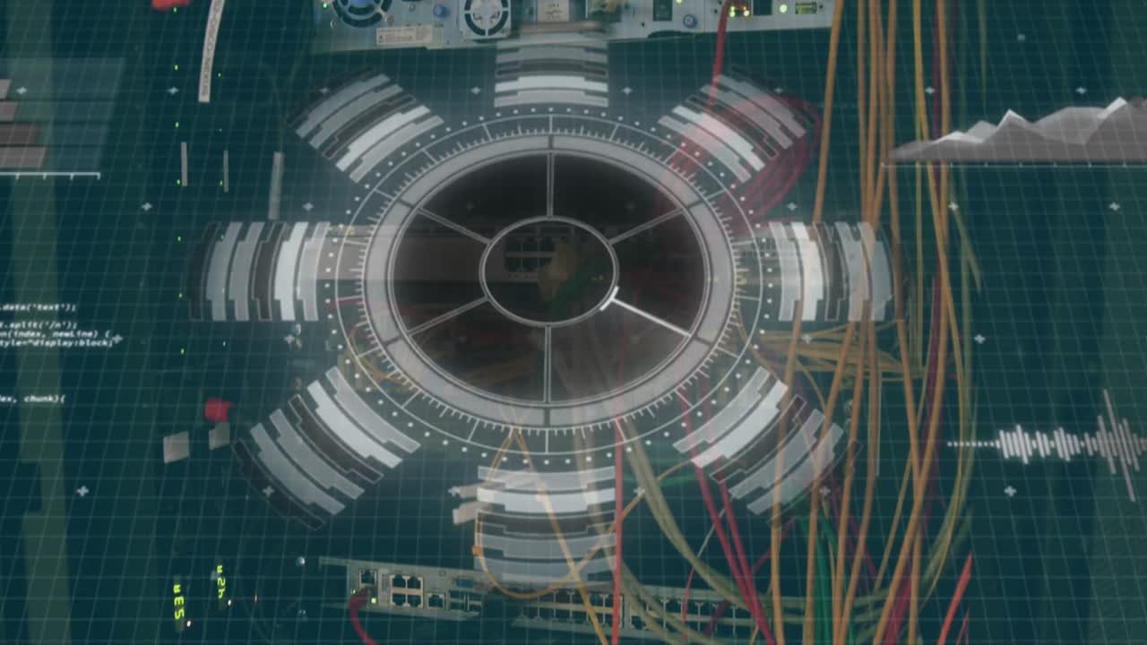 Animation of round scanner and data processing over close up of a computer server