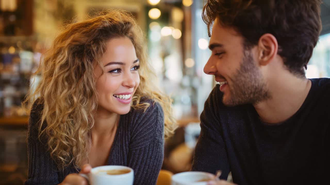 Una piacevole conversazione tra una giovane coppia che si gusta un caffè in un bar accogliente, immortalando le loro risate e la loro connessione in un'atmosfera calda e invitante, con un'illuminazione soffusa e un'atmosfera rilassata