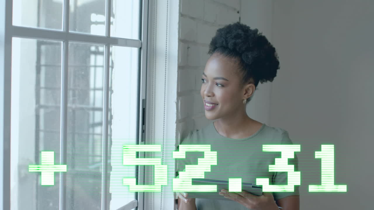 Animation of financial data processing over african american businesswoman in office
