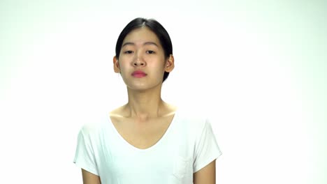 young asian 20s woman black wrapped hair without cosmetic make up or fresh face look in t-shirt express emotion angry on white background for viral clip casting or advertising