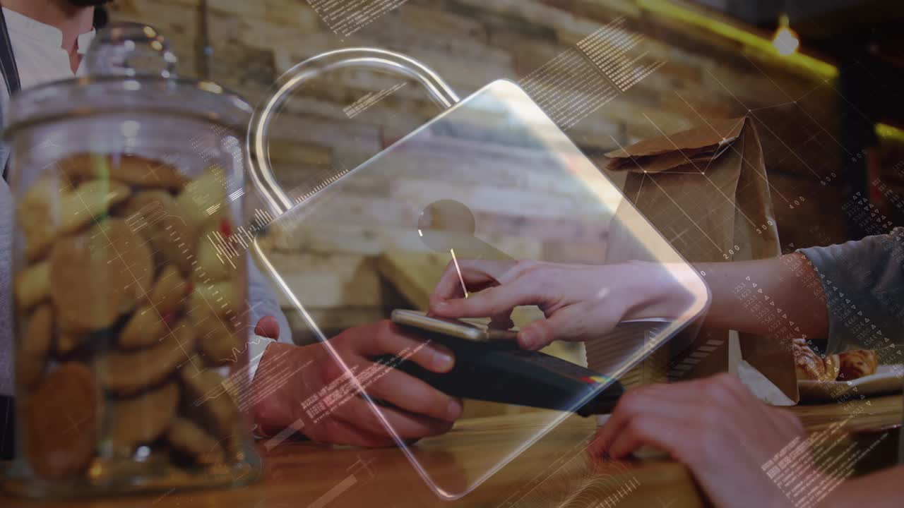 animación del candado de seguridad de la red sobre las personas que utilizan el terminal de pago