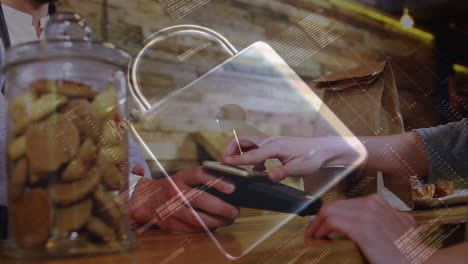 animation of network security padlock over people using payment terminal