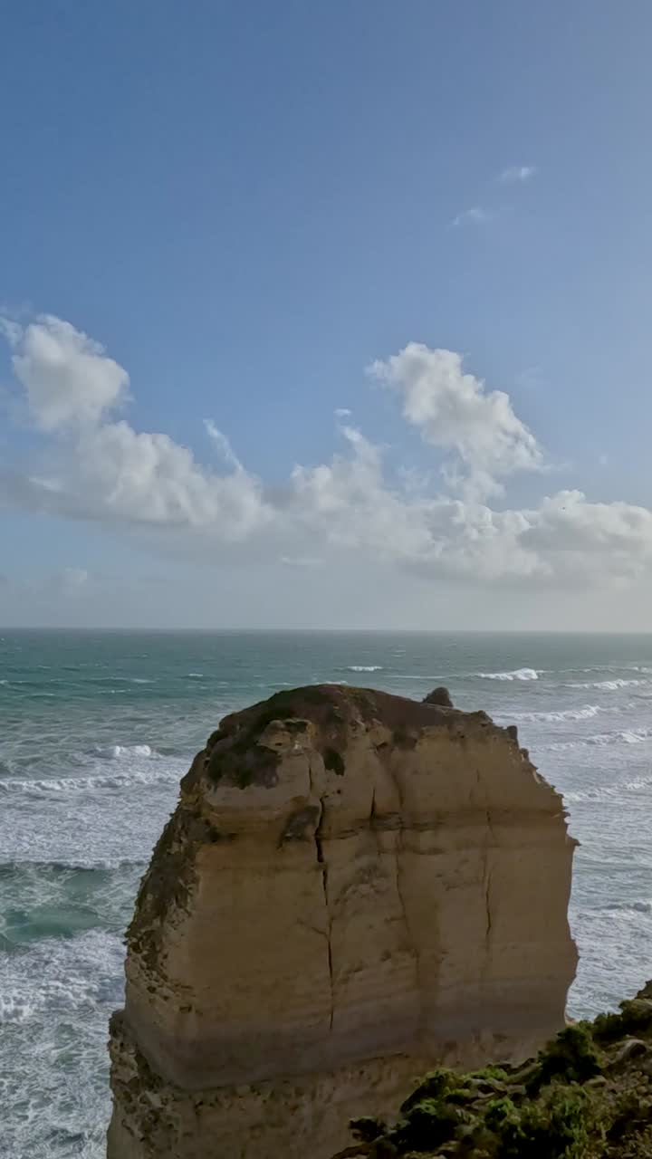 Ocean waves crash against iconic limestone formations