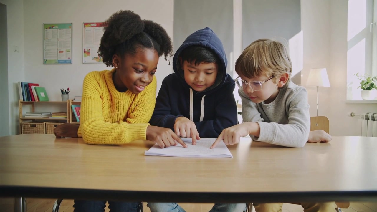 Pointing girl in yellow sweater guiding peers following text to read at classroom table, open book