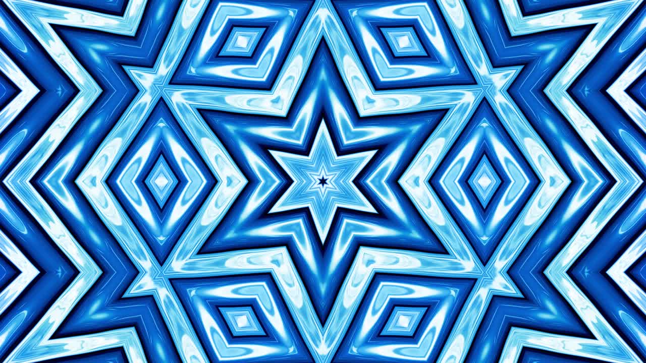 fondo simétrico abstracto con simetría estelar. mandala con olas. fondo líquido azul abstracto en bucle con patrón brillante ondulado, superficie brillante y brillante. efecto caleidoscopio
