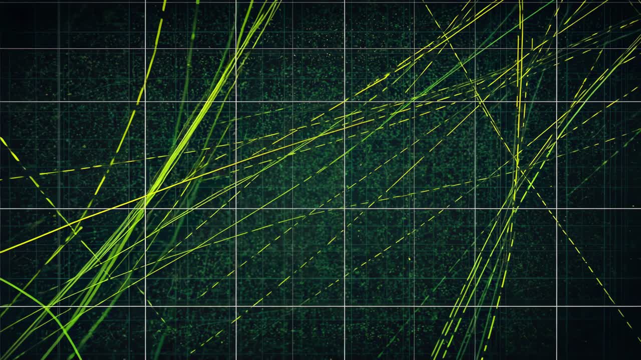 Displaying abstract interface flowing across green matrix with white grid and neon dashed lines