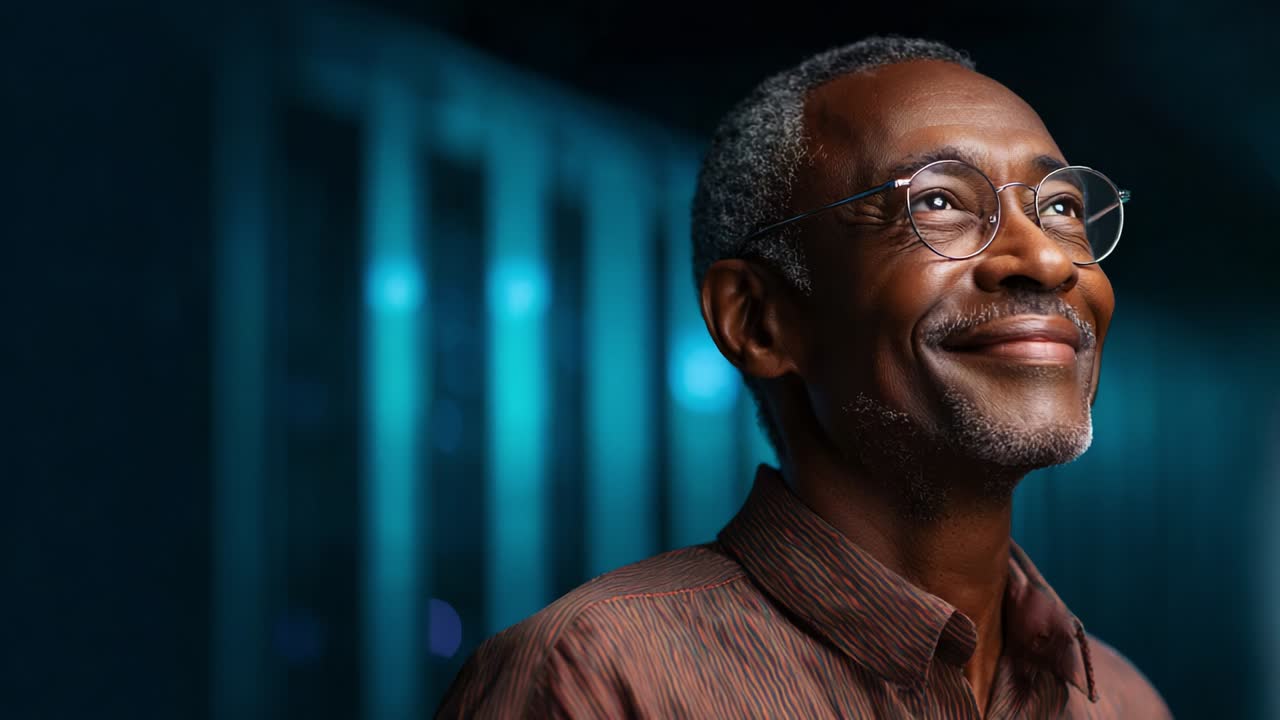 Portrait of a Thoughtful Man in a Modern Environment, Capturing the Essence of Reflection with a Bright Smile and Introspective Gaze, Surrounded by a Soft Blue Background, Emphasizing Serenity and Wisdom