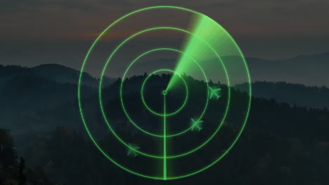 radar scanning animation over forested mountain landscape at dusk