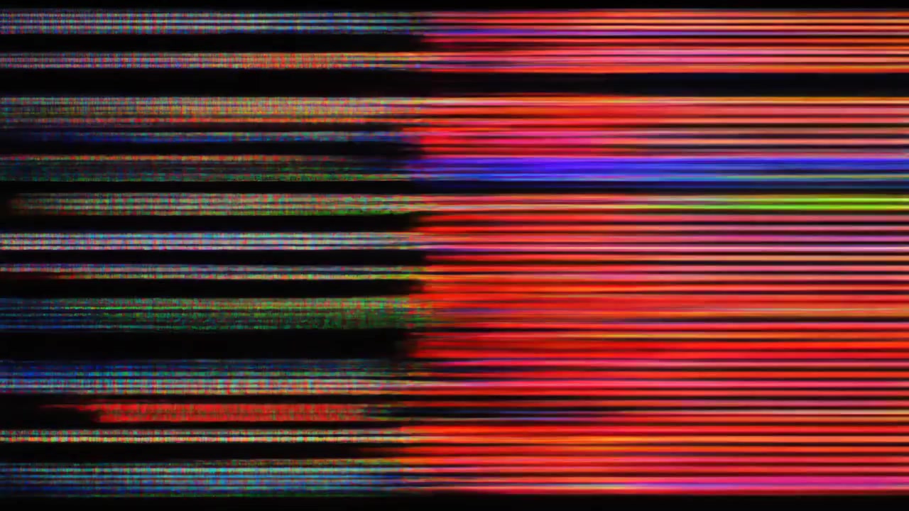 Digital Glitch Effect with Colorful Horizontal Lines on Black Background