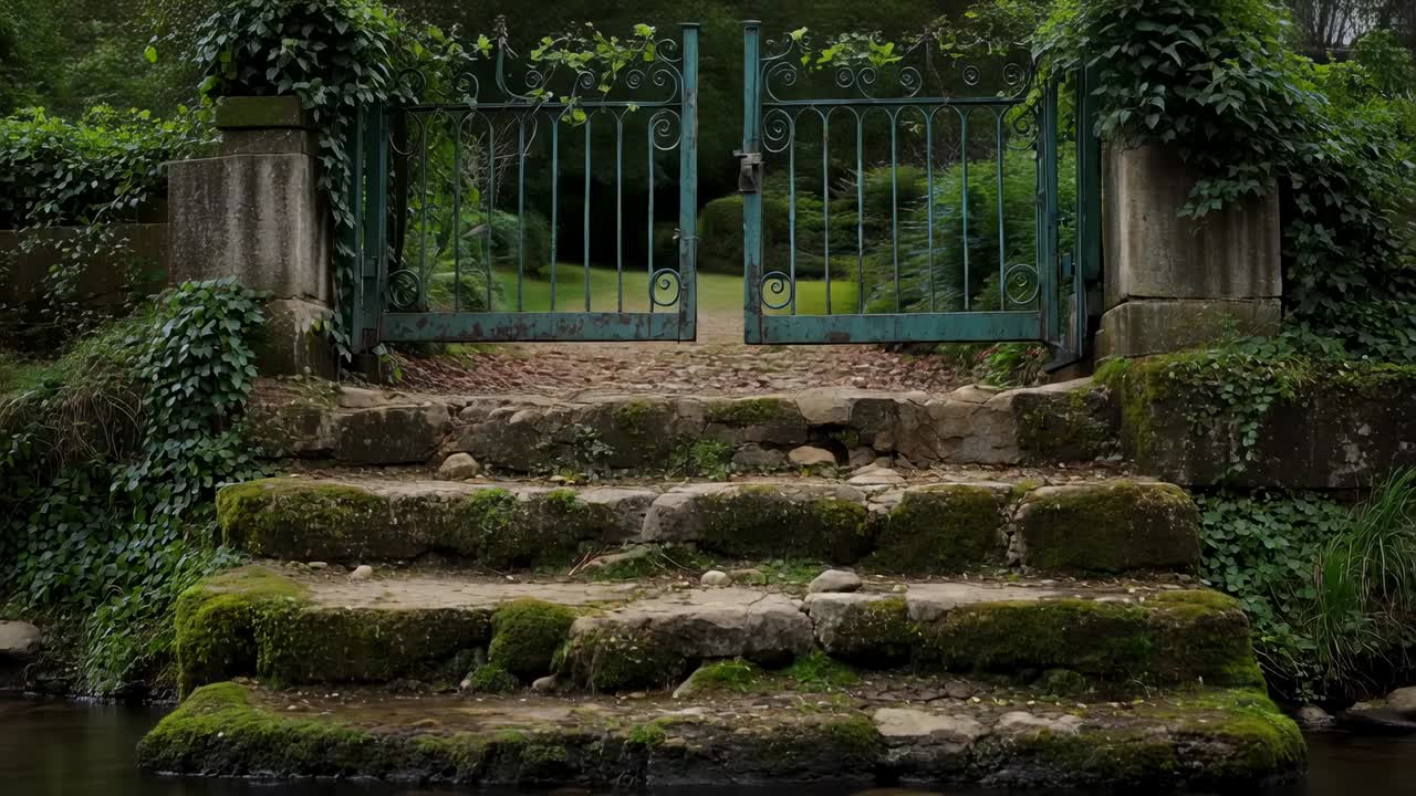 Showing mossy stone steps and green gate opening slightly at riverside garden as stream flowing