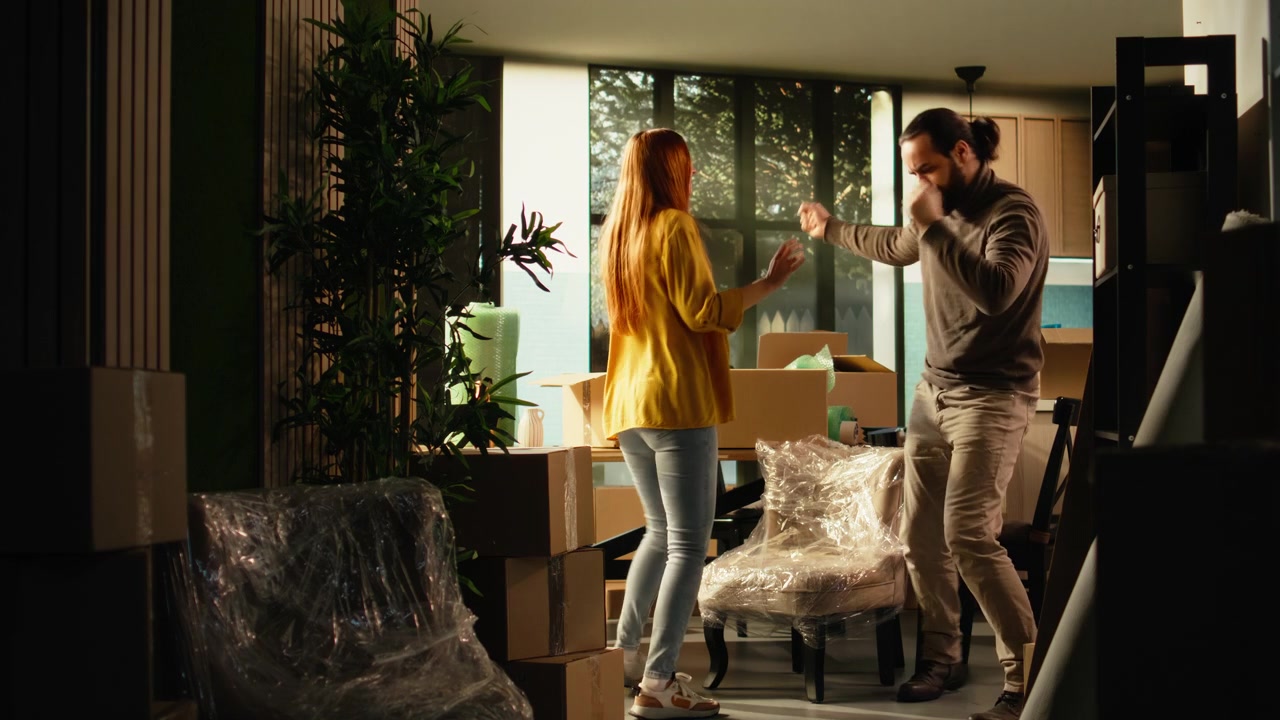 Happy Couple Dancing Together in Their New Apartment Surrounded by Moving Boxes